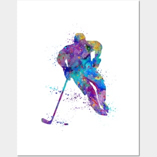 Ice Hockey Boy Player Watercolor Silhouette Posters and Art